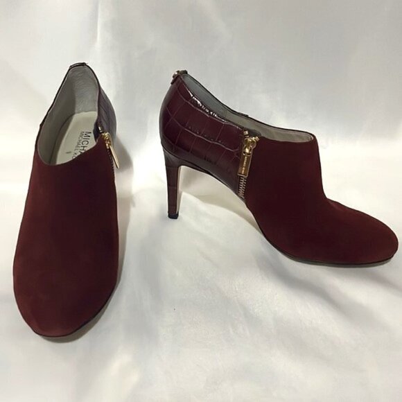 Michael Kors Sammy Ankle Boot Merlot Suede Embossed Leather Heeled Bootie Size 8 - Picture 2 of 11